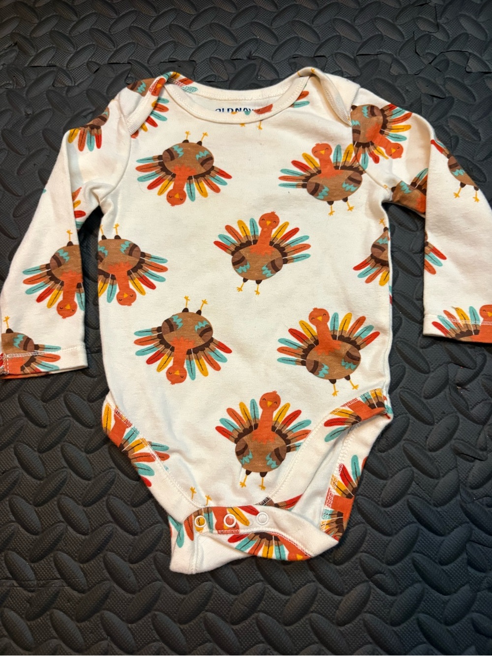 Baby Long-Sleeve One-Piece Bodysuit in Cream with Colorful Turkey Print